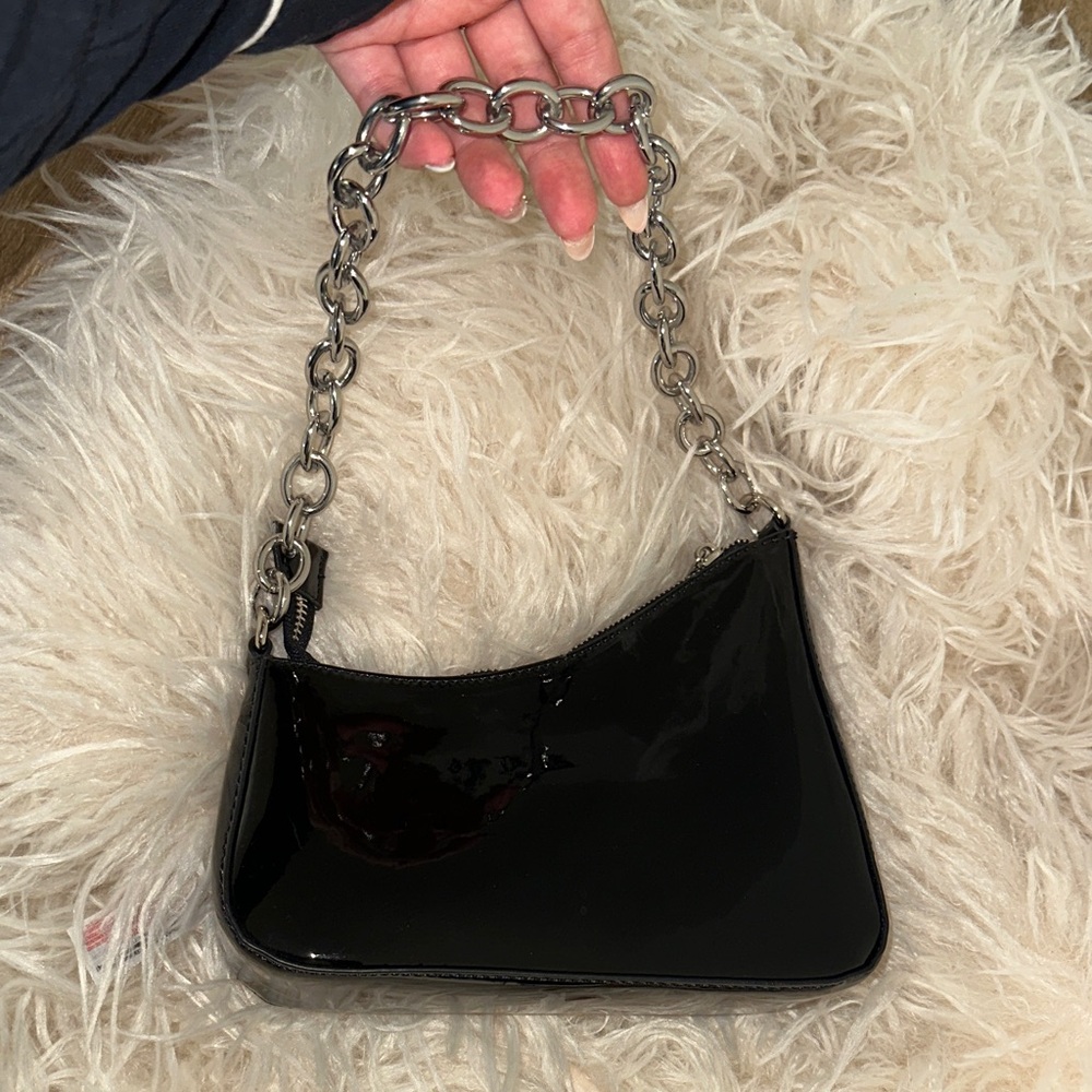 Black Patent Leather Chain Shoulder Bag